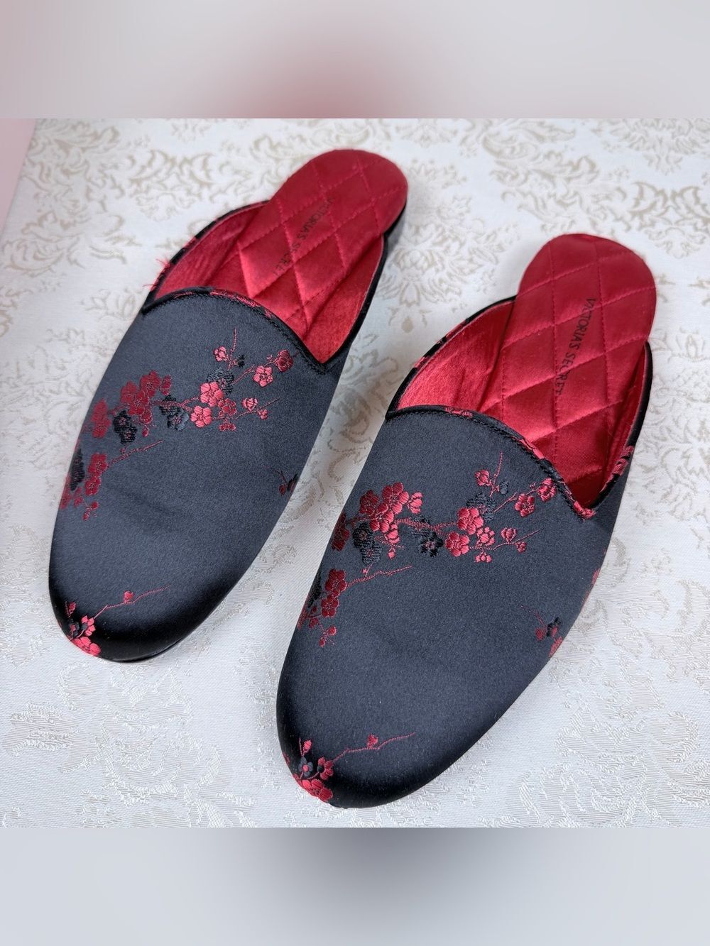 Victoria's Secret Oriental Brocade Satin Slip-On Mules, Blackcherry Blossom, M